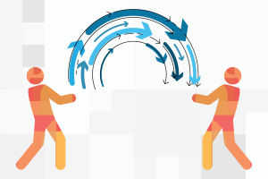 Graphic showing arrows moving from one person to another indicating knowledge sharing