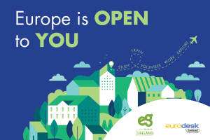 Illustration of green and white coloured buildings clustered closely together on a hill against a blue background with an airplane flying in the distance. The words Europe is OPEN to YOU, and a number of logos also accompany the illustration.