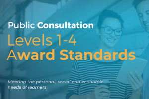 Blue-filtered photo of man and woman smiling as they examine a document held by the woman. The words 'Public Consultation, Levels 1-4 Award Standards, September 2022' and QQI logo appear prominently